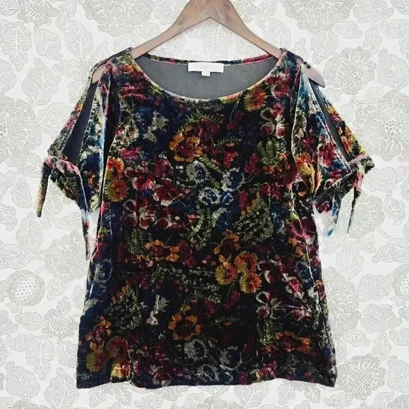Loft Floral Velvet Cold Shoulder Tied Blouse M 3347 - Picture 1 of 7